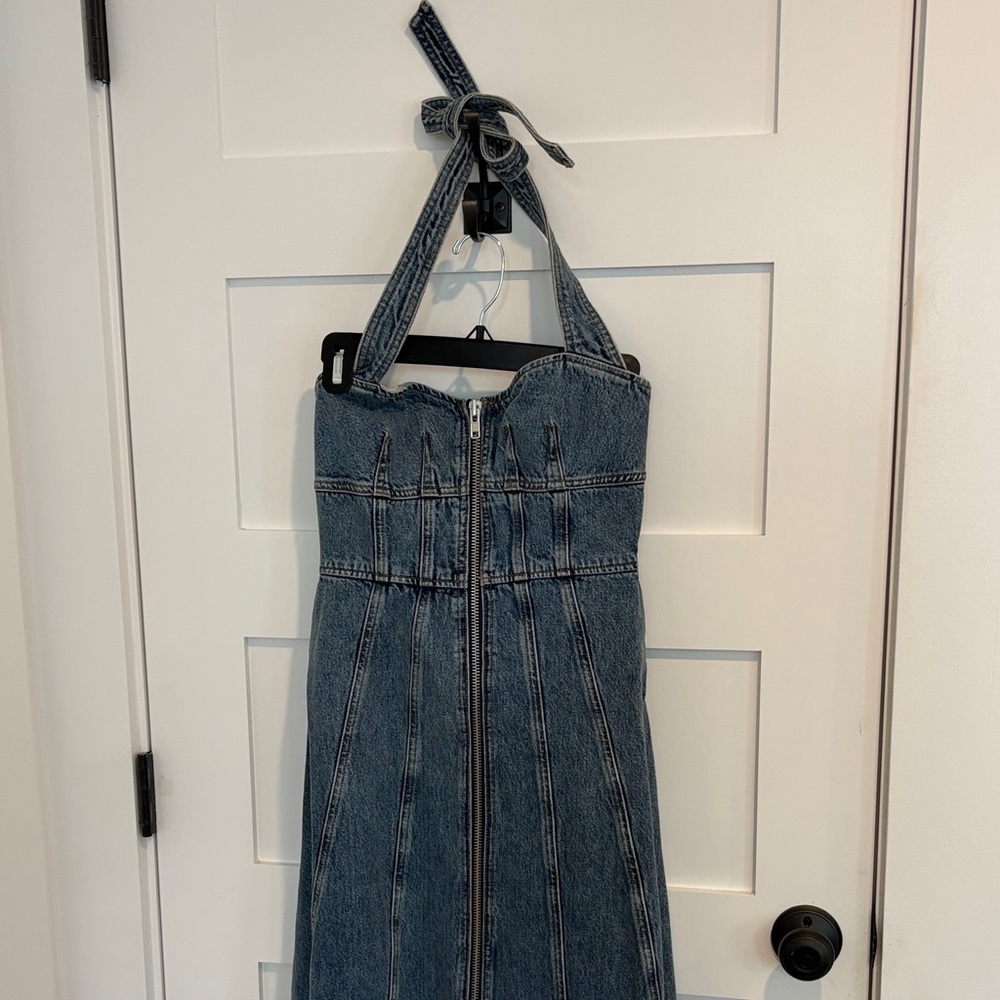 Reformation Blue Denim Midi Dress with Halter Tie, Size 2